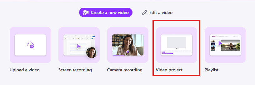 Screenshot of part of the Clipchamp home page, with the 'Video project' option highlighted.