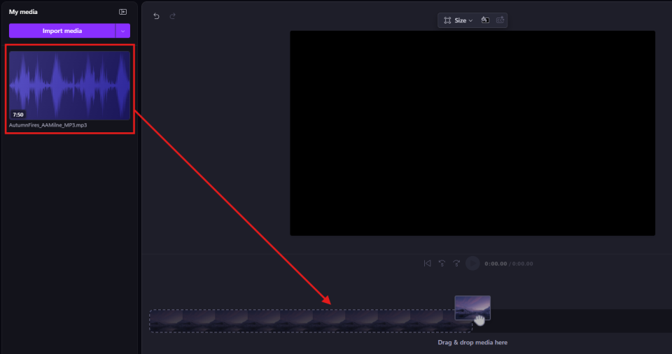 Screenshot of Clipchamp window, showing an audio file and the timeline.