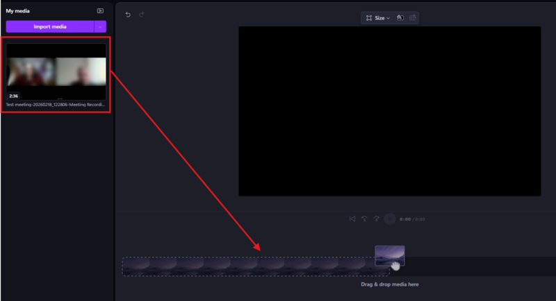 Screenshot of Clipchamp window, showing a video file and the timeline